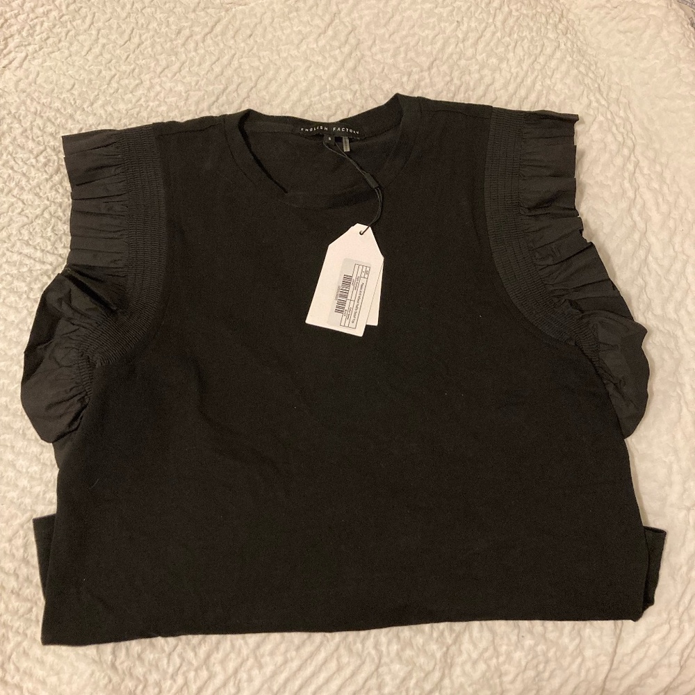 English Factory Black Mixed Media Ruffle Detail Top